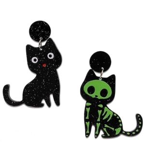 Black and Green Cat X-Ray Skeleton Earrings Acrylic Skeletons Cats Halloween New